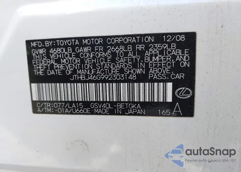 2009 Lexus Es 350 z USA, uszkodzony, nr VIN JTHBJ46G992303148